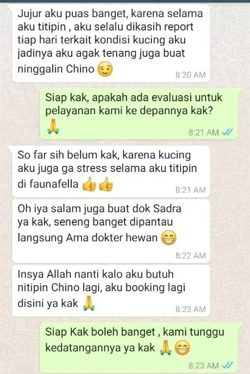Chat WhatsApp Rizky, pemilik Chino: puas karena tiap hari dikasih report kondisi kucing dan senang dipantau langsung dokter hewan.